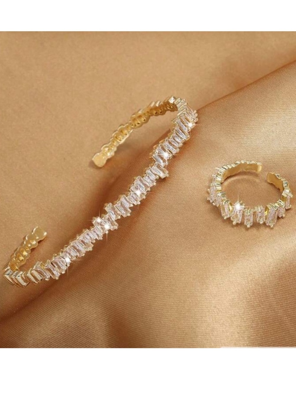 Anthropologie Gold Baguette Crystal Cuff Bracelet and Ring Set